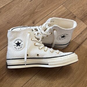 Converse White High-Top Sneakers with Black Stripe & Gold Eyelets